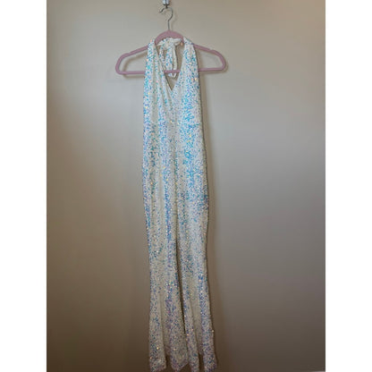 White Iridescent Sequin Halter Jumpsuit Wide Leg Disco Bridal Party Bachelorette