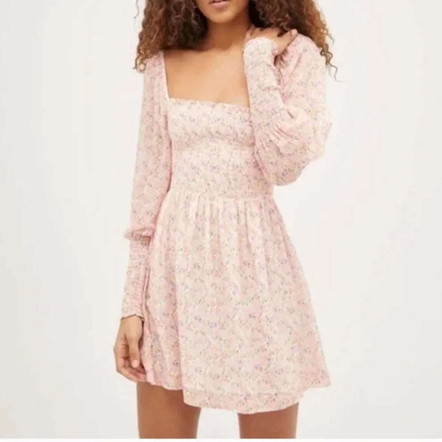 Hill House Home Grace Nap Dress Pink Purple Floral Smocked Long Sleeve Mini NEW