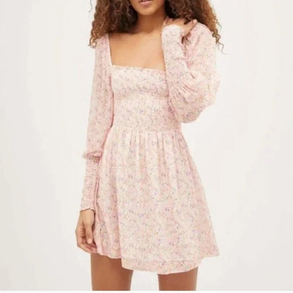 Hill House Home Grace Nap Dress Pink Purple Floral Smocked Long Sleeve Mini NEW