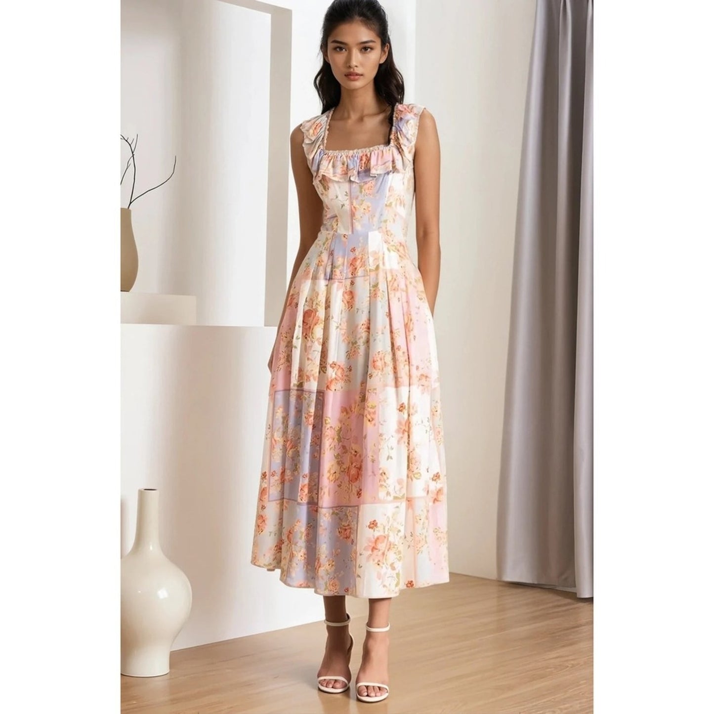 Yumi Kim Floral Patchwork Ruffle Midi Dress Pastel Pink Blue XS Garden Party