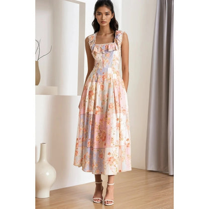 Yumi Kim Floral Patchwork Ruffle Midi Dress Pastel Pink Blue XS Garden Party