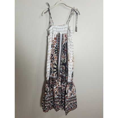 Farm Rio Women XL White Tile Floral Smocked Tiered Midi Dress Beaded Tassels