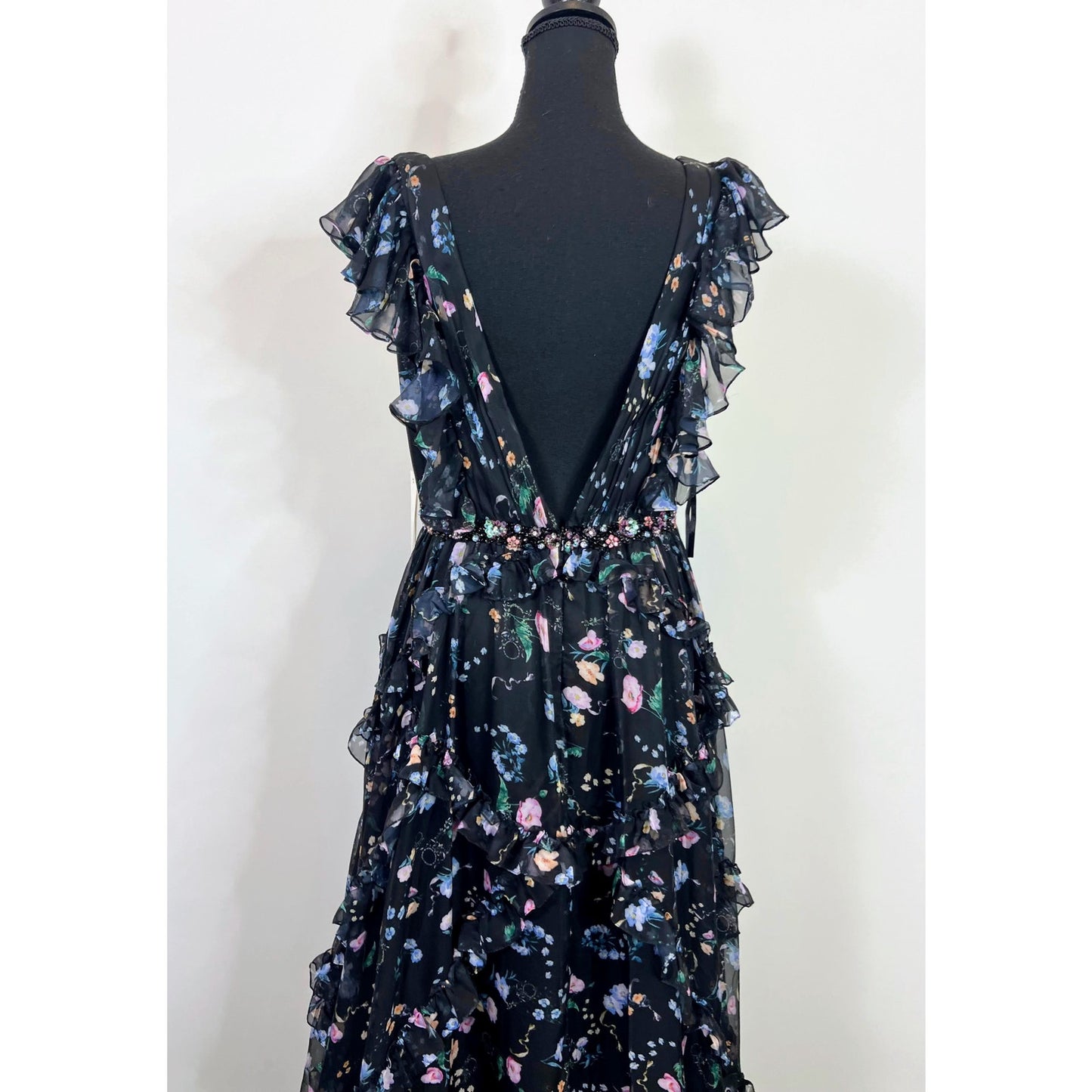 Ieena for Mac Duggal Ruffled Floral Print Cap Sleeve Gown Size 8
