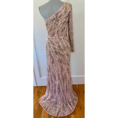 MacDuggal One Shoulder Sequin Gown Maxi in Pink/Silver Size 8 Beaded Long Sleeve