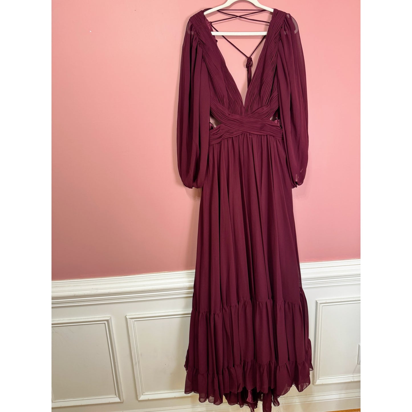 NEW NWT Mac Duggal Pleated Cut Out Long Sleeve Lace Up Tiered Gown STYLE 67948 Size 16 Plum