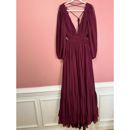 NEW NWT Mac Duggal Pleated Cut Out Long Sleeve Lace Up Tiered Gown STYLE 67948 Size 16 Plum