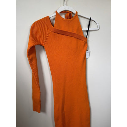 Monse Orange Asymmetrical Rib-Knit Merino Wool Midi Dress One Sleeve Halter XS