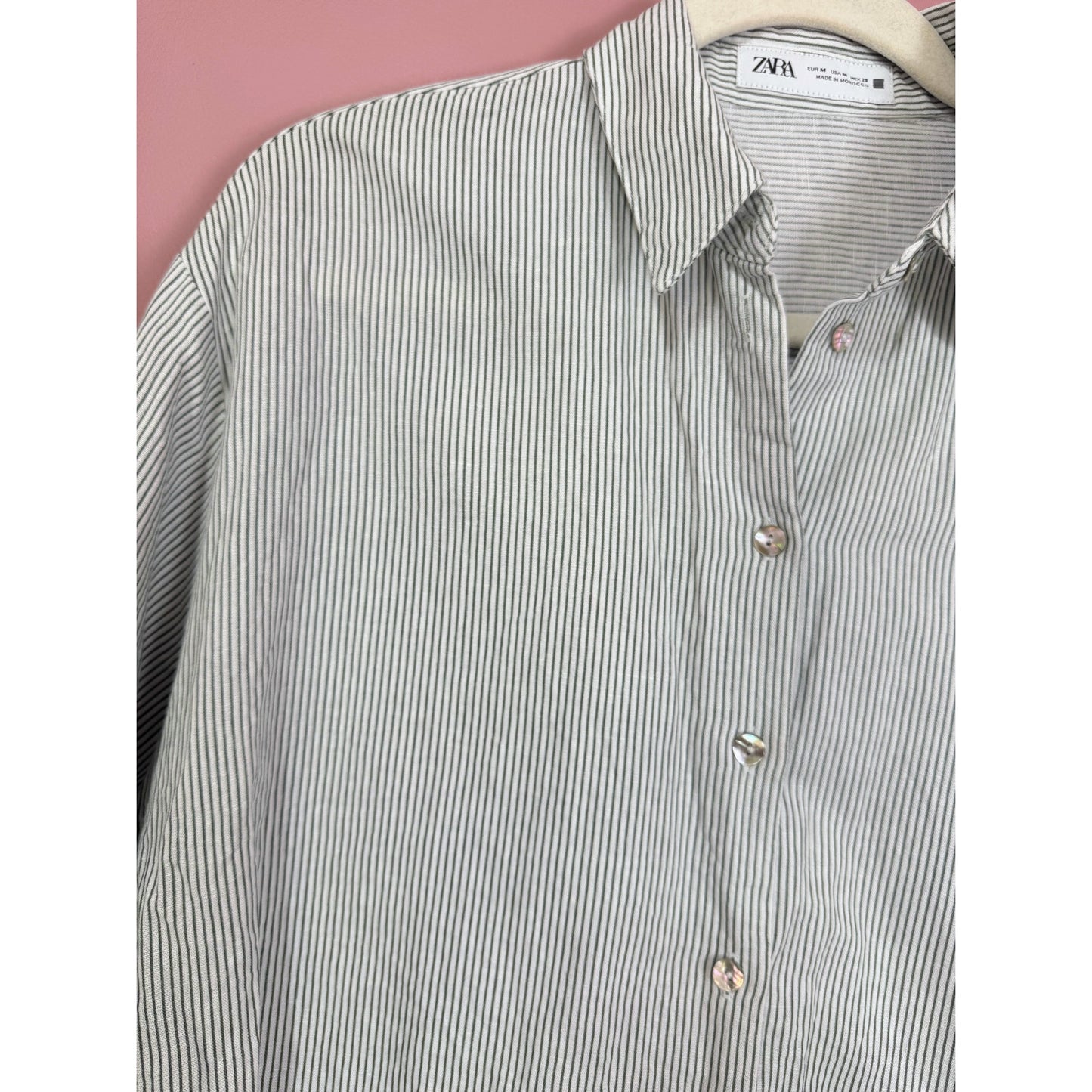 Zara Green Stripe Linen Blend Button Down Blouse Size Medium
