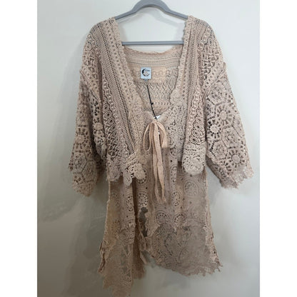 Jaded Gypsy Crochet Lace Kimono Cardigan Beige Boho Front Tie Bell Sleeve O/S