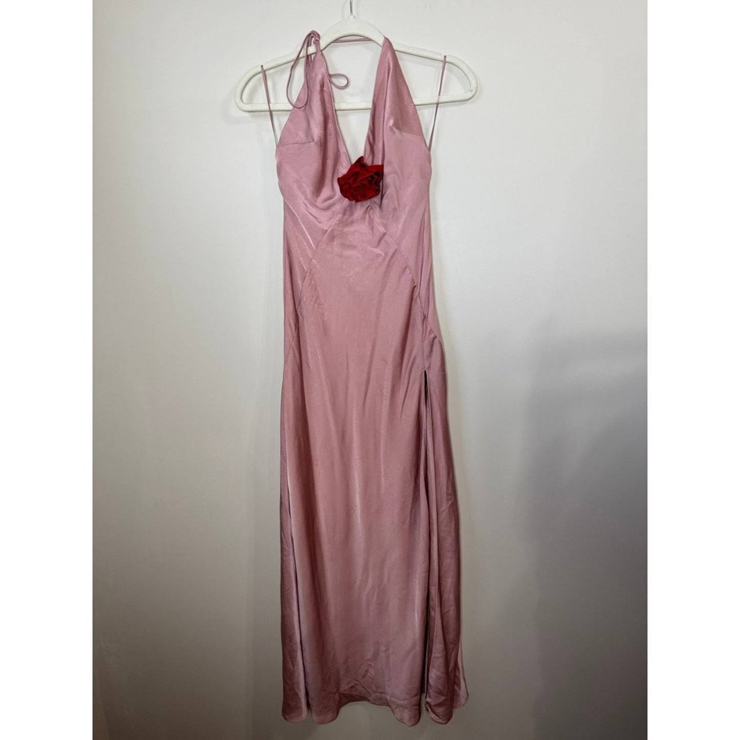Bardot Aradia Pink Silk Halter Neck Maxi Dress Red Rose Accent