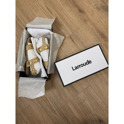 Larroude Womens Raffia Flat Sandals Gold Hardware Slingback Beige 6.5