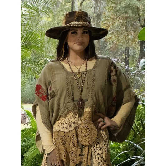 Jaded Gypsy Boho Patchwork Poncho Top Tunic Kimono Khaki