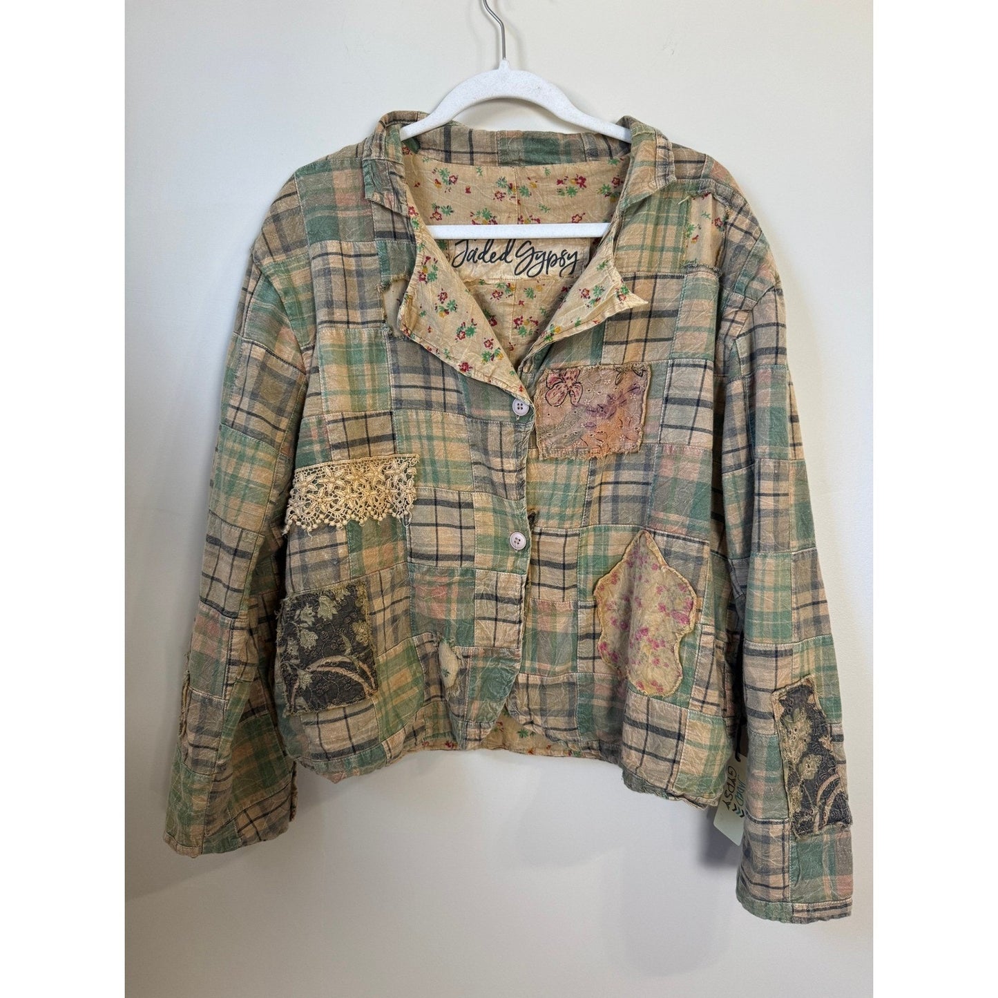 Jaded Gypsy Patchwork Plaid Floral Kimono Jacket Boho Hippie Shacket