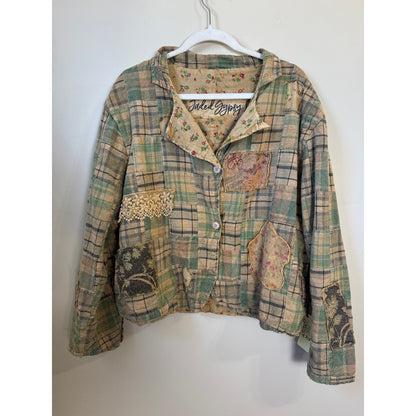 Jaded Gypsy Patchwork Plaid Floral Kimono Jacket Boho Hippie Shacket
