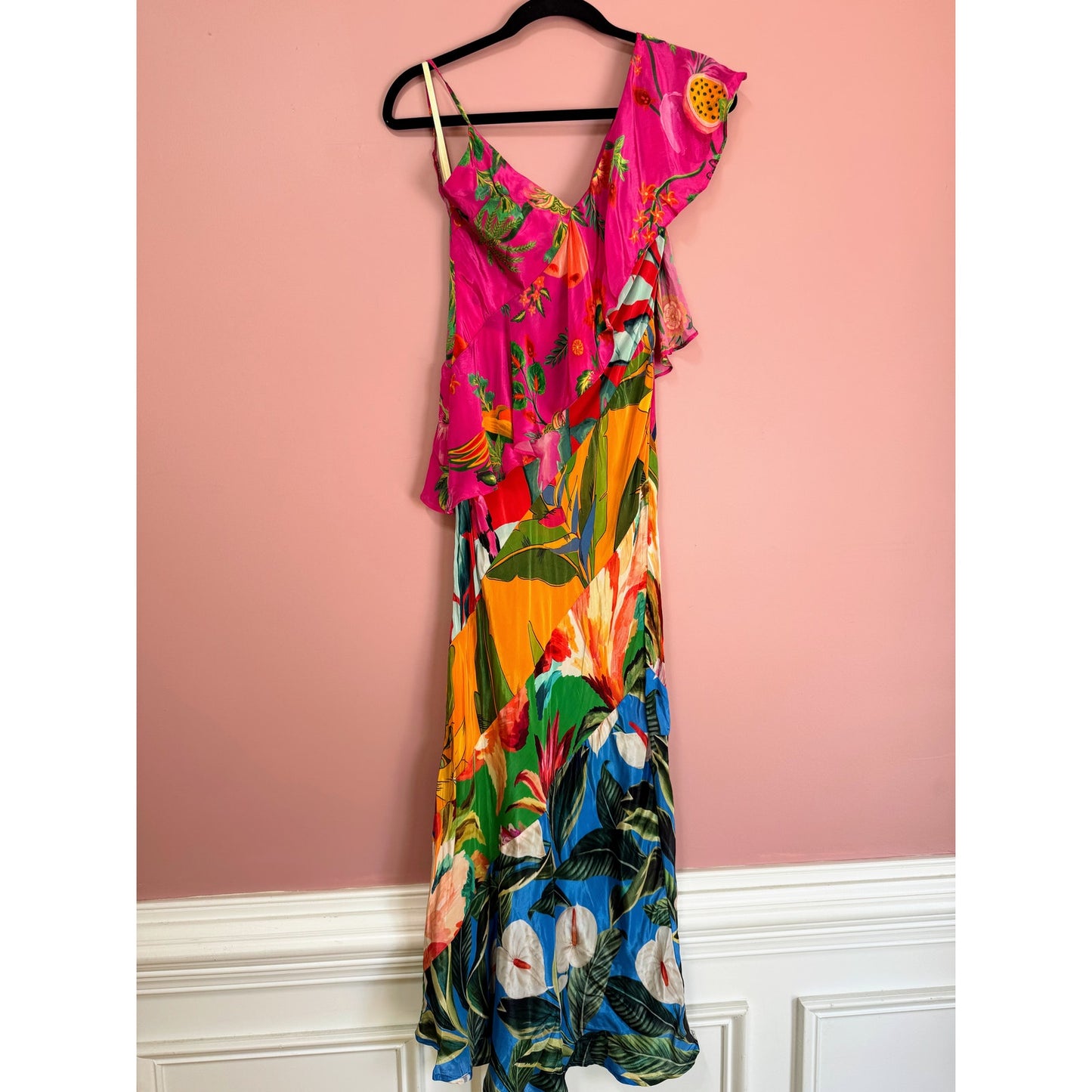 FARM Rio Midi Dress Mixed Flowery Ruffle One Strap Size XS Floral Summer Party