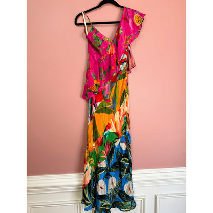 FARM Rio Midi Dress Mixed Flowery Ruffle One Strap Size XS Floral Summer Party