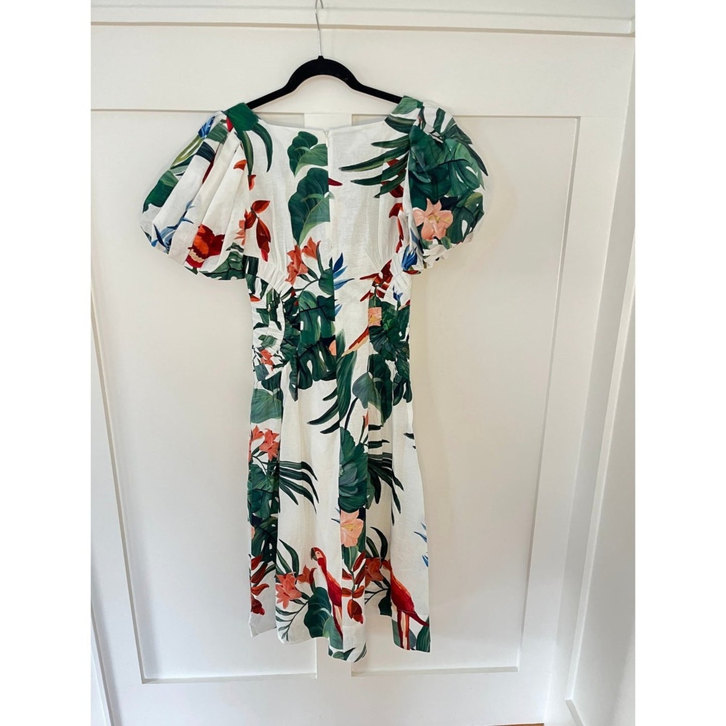 Farm Rio Tropical Paradise Puff Sleeve Midi Dress White Green Pink Birds Size S
