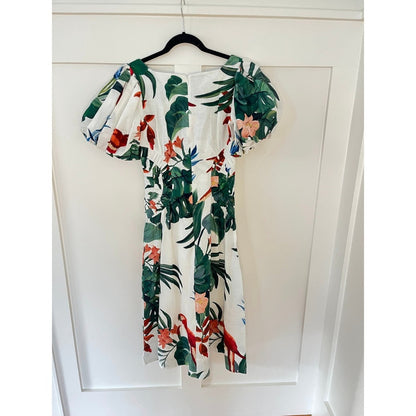 Farm Rio Tropical Paradise Puff Sleeve Midi Dress White Green Pink Birds Size S