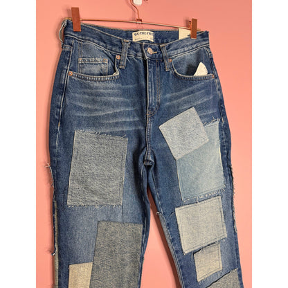 Free People Bare With Me Jeans in Blue Size 26 Patchwork Mid-Rise Straight Leg