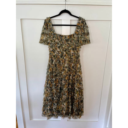 NEW NWT Mac Duggal Multicolor Short Sleeve Micro Ruffle Tea Length Dress 8232 Green Multi Size 4