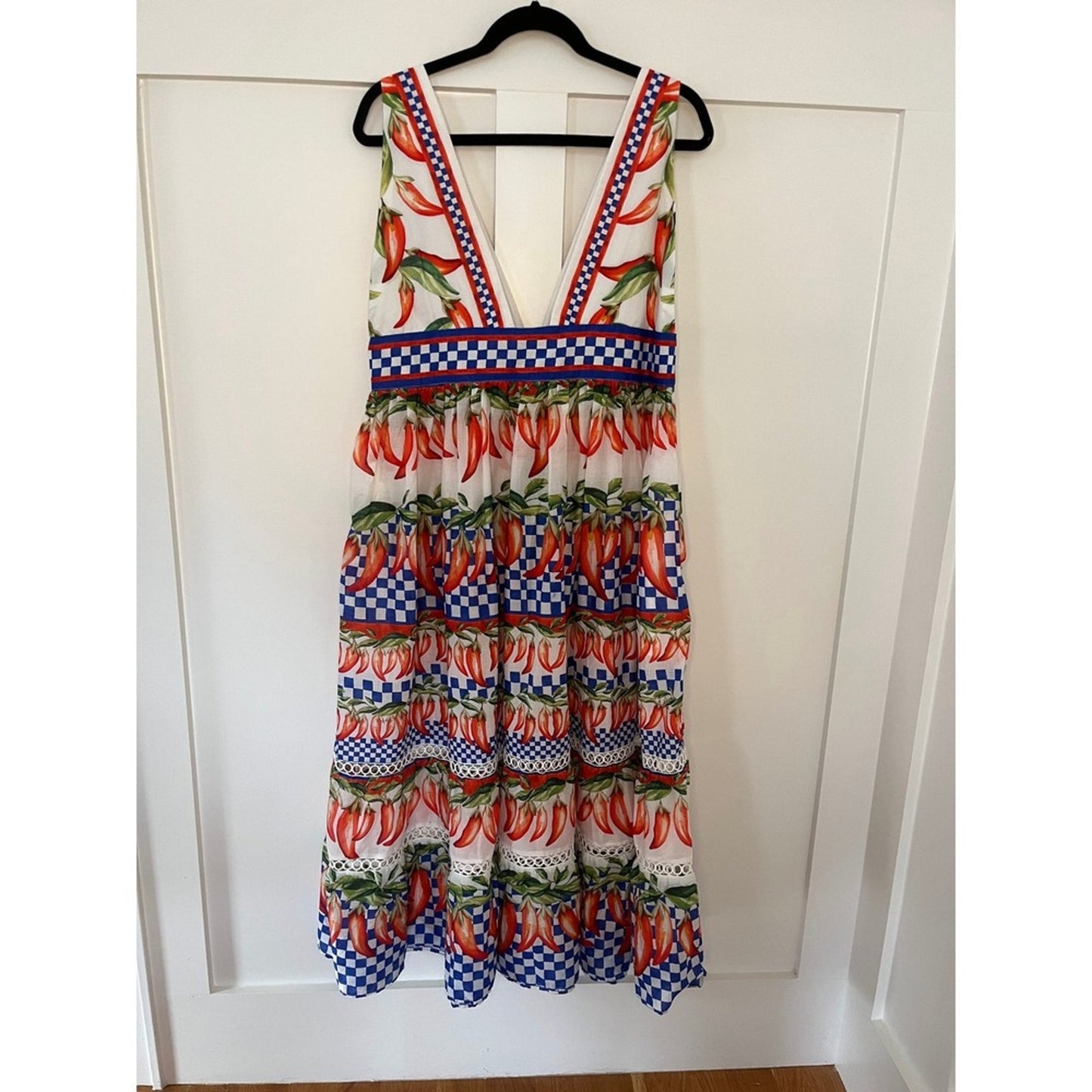 Farm Rio Pepper Print Maxi Dress V Neck Sleeveless Tiered Ruffle XL