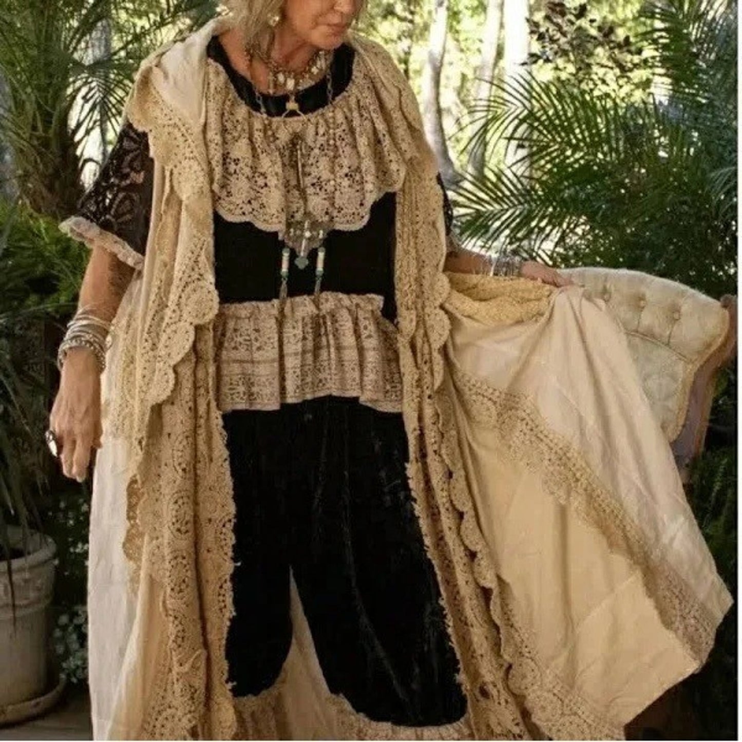 Jaded Gypsy Willow Wind Long Duster Vest Kimono Lace Trim Beige Boho Festival