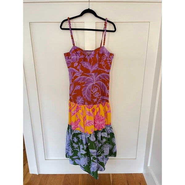 Farm Rio Tropical Print Tiered Midi Dress Rainbow Floral Smocked Bust