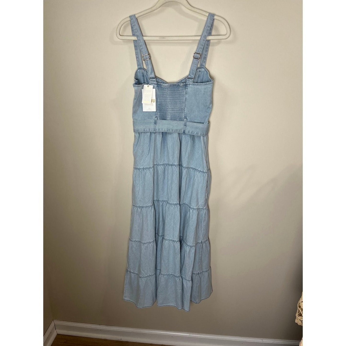 NEW NWT Show Me Your Mumu Lainey Midi Dress Dew Drop Denim Tiered Belted Large