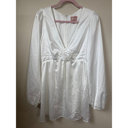 Show Me Your Mumu White Satin Rosette Mini Dress Long Sleeve V-Neck Bridal Large
