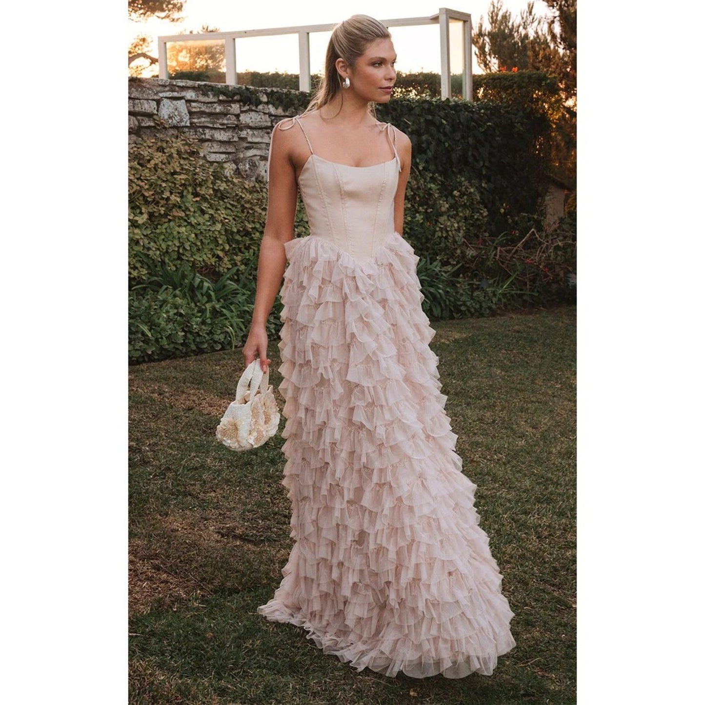 Show Me Your Mumu Francesca  Gown Champagne Pink Ruffle Tulle Corset Maxi Dress