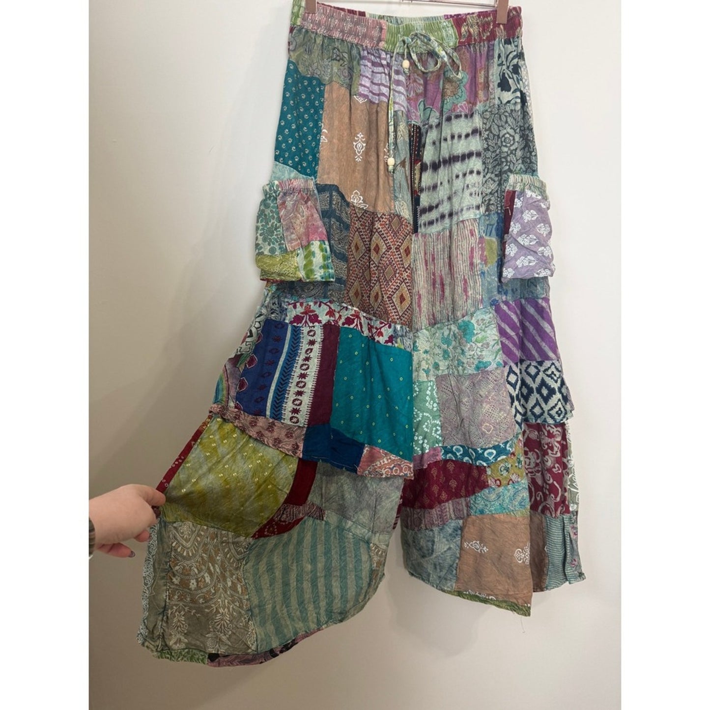 Jaded Gypsy Patchwork Wide Leg Cargo Pants Boho Festival Multi Color One Size