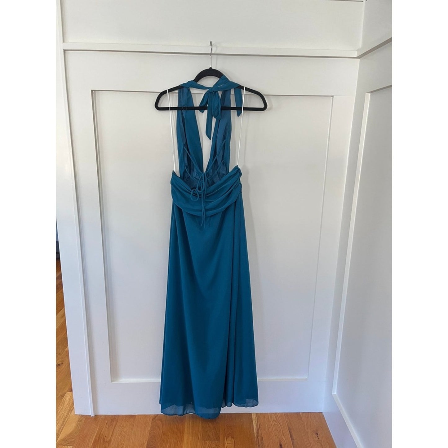 HELLO MOLLY Teal Blue Draped Halter Neck Maxi Dress Formal Evening Gown Size M 8