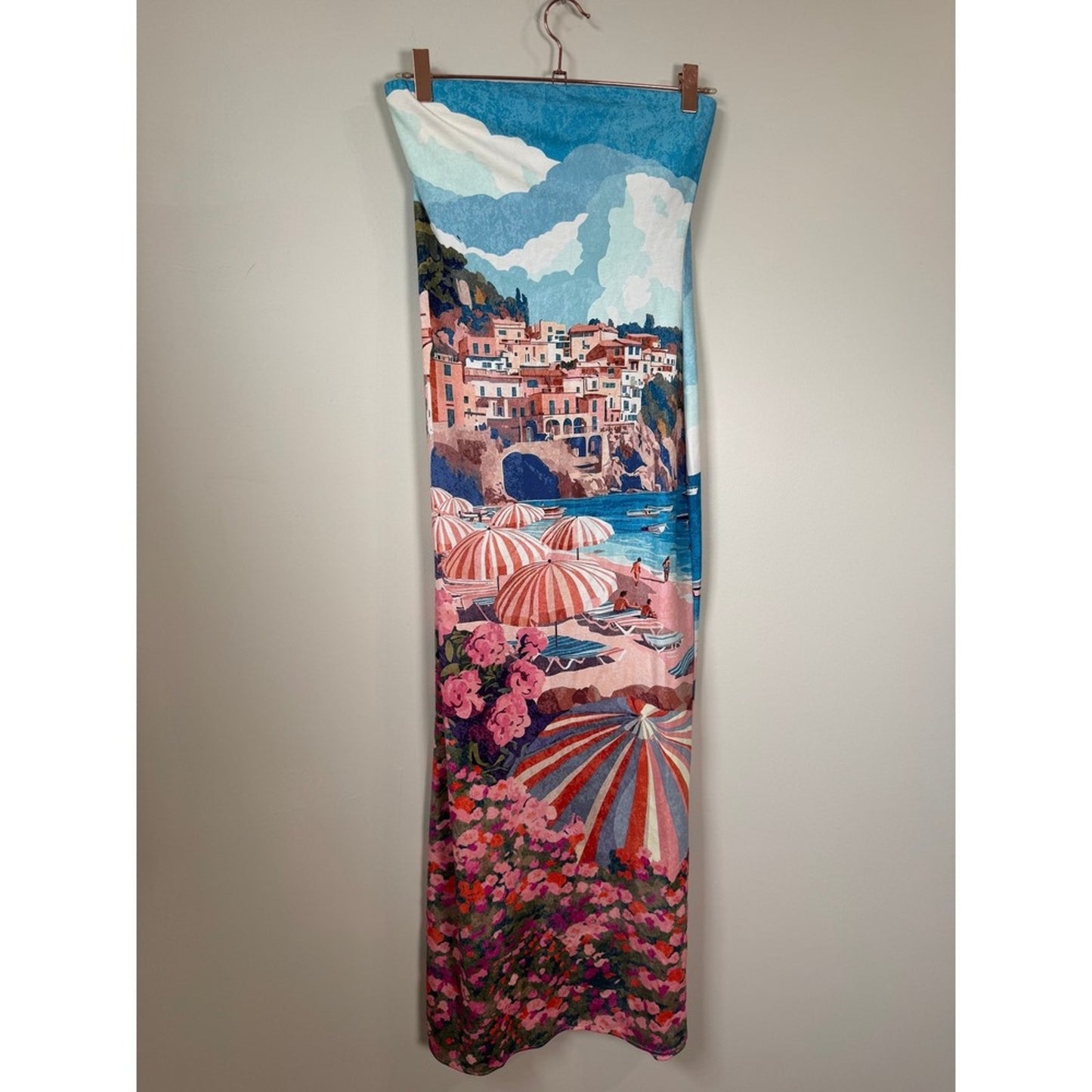 Show Me Your Mumu Mediterranean Coastal Print Strapless Bodycon Maxi Dress Blue