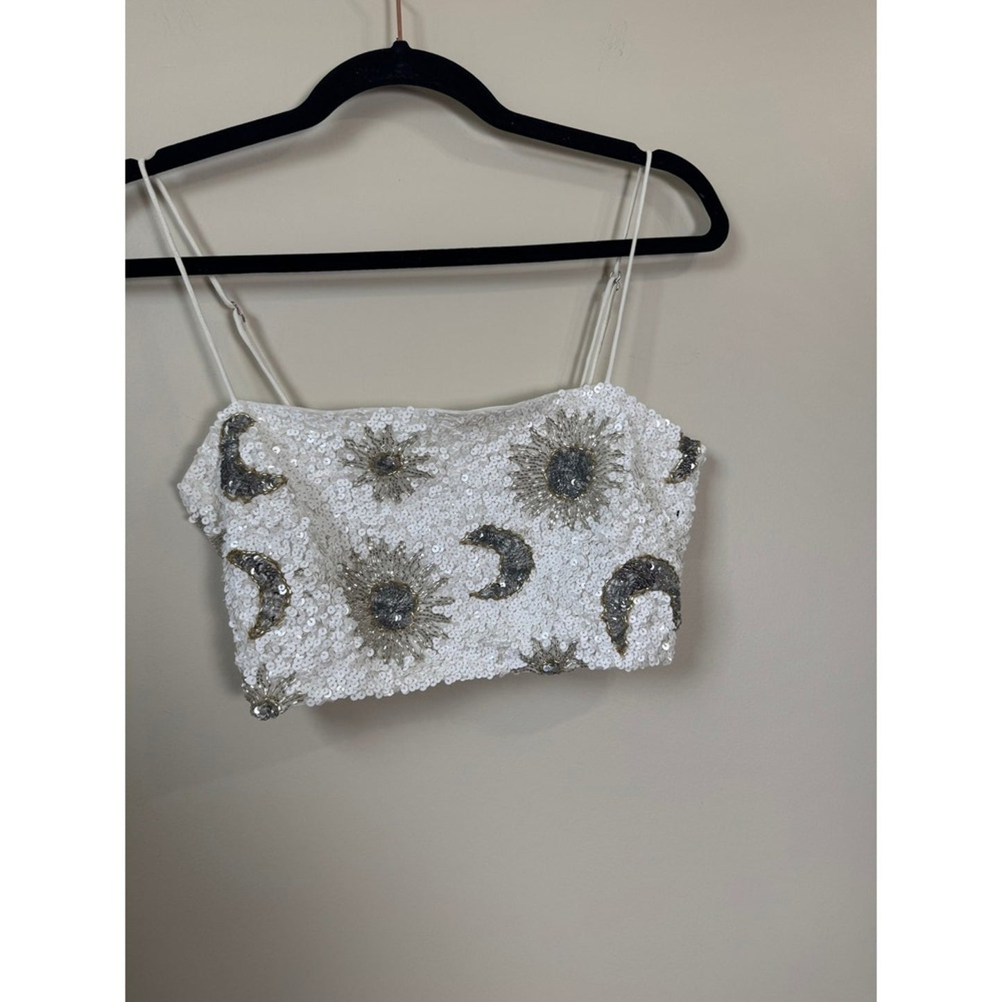 Show Me Your Mumu Celestial Sequin Crop Top White XS Sun Moon Beaded Camisole