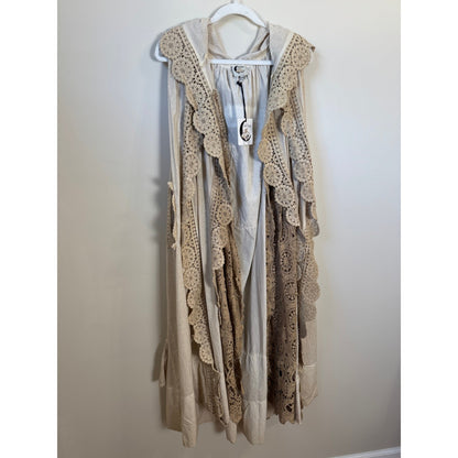 Jaded Gypsy Willow Wind Long Duster Vest Kimono Lace Trim Beige Boho Festival