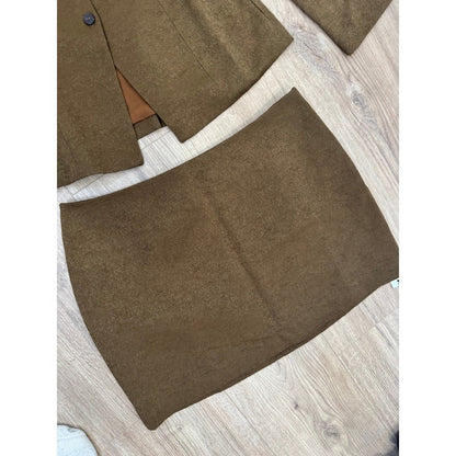 Reformation Olive Brown Textured Two Piece Skirt Set Jacket Mini Skirt NWT