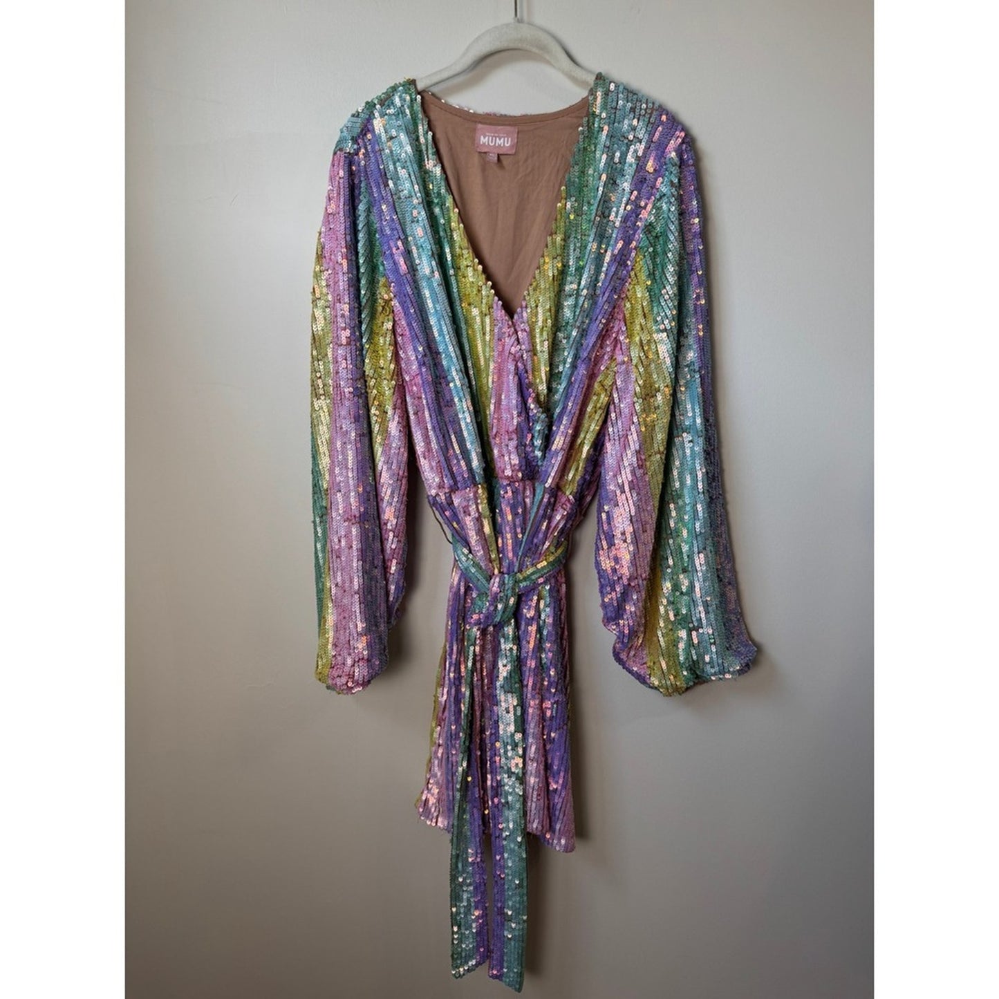 Show Me Your Mumu Rainbow Sequin Mini Dress Long Sleeve Wrap Belted Pastel XL