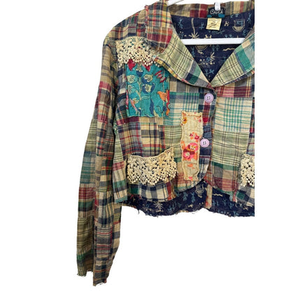 Jaded Gypsy Women  Patchwork Jacket Plaid Floral Lace Boho Multi Color S/M