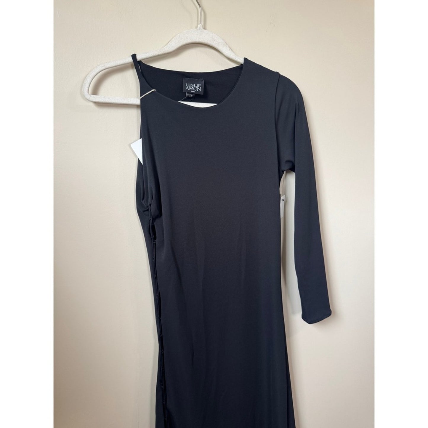 Leslie Amon Paris Black Lace Up Side One Sleeve Asymmetric Maxi Dress NWT