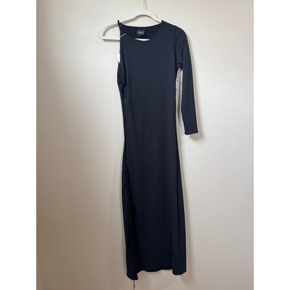 Leslie Amon Paris Black Lace Up Side One Sleeve Asymmetric Maxi Dress NWT