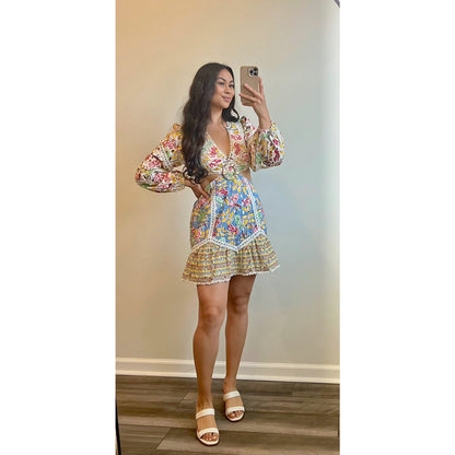 Hemant and Nandita Blue Printed Preet Mini Dress Large Floral Cut-Out Lined