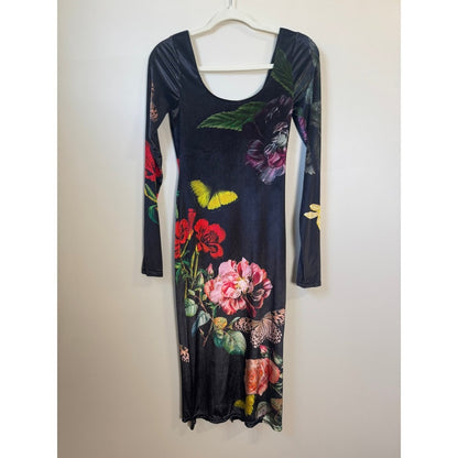 Alice + Olivia Delora Floral Butterfly Midi Dress Black Long Sleeve Scoop Neck