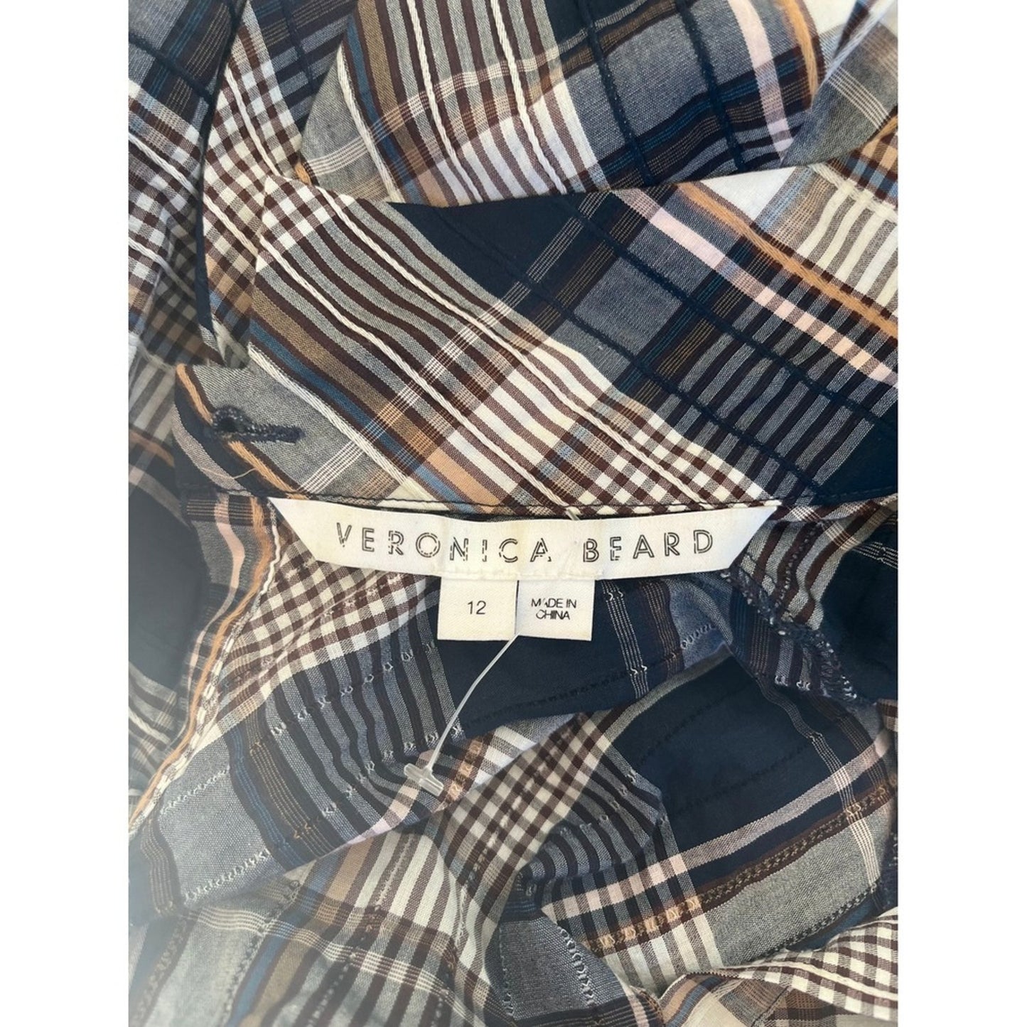 Veronica Beard Plaid Puff Sleeve Button Back Mock Neck Blouse Size 12
