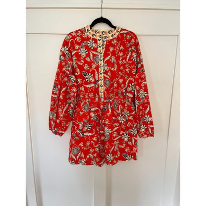 Farm Rio Printed Kimono Style Romper Shorts Orange Black White