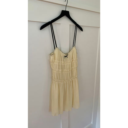 Zara Mini Dress in Cream Small Textured Tiered Tie Bow Sleeveless Ruched Summer