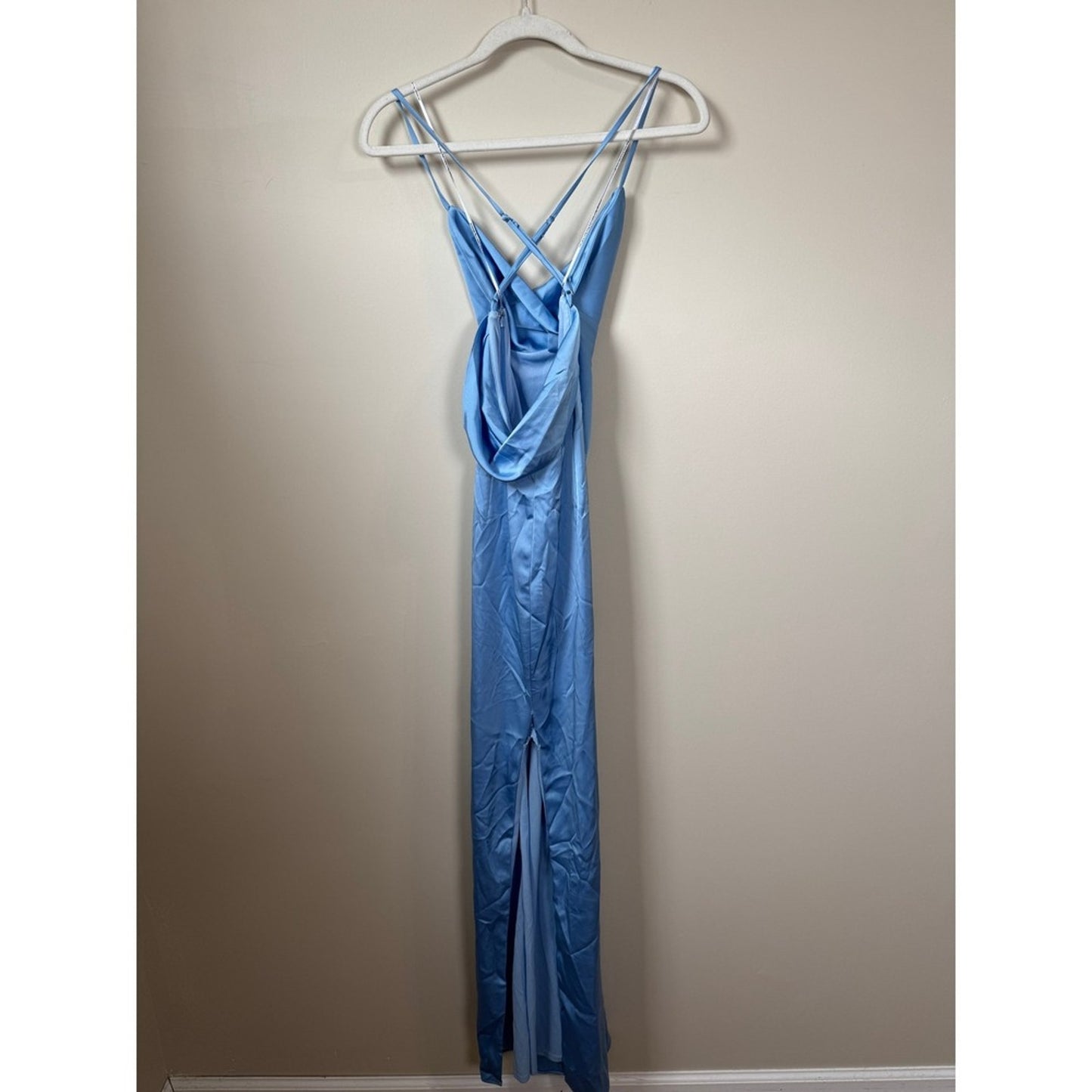 Katie May Los Angeles Blue Satin Cowl Neck Maxi Gown Dress NWT Defect