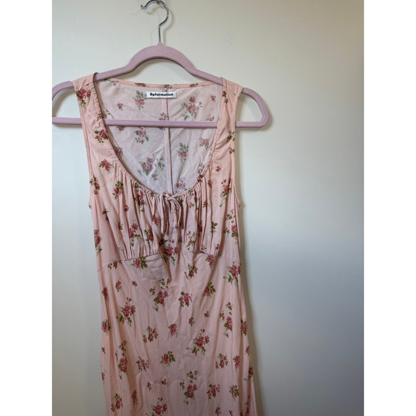 Reformation Pink Floral Midi Dress Milkmaid Gathered Bust Sleeveless Slit Pink
