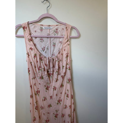 Reformation Pink Floral Midi Dress Milkmaid Gathered Bust Sleeveless Slit Pink