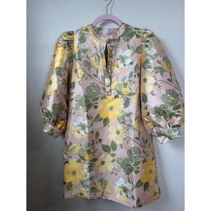 Pomander Place Floral Brocade Puff Sleeve Shift Dress Pink Yellow Green Small