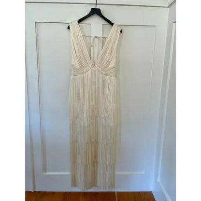 NEW NWT Michael Costello X Revolve Skylar Fringe Maxi Dress Ivory‎ Size XXS